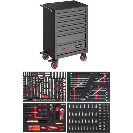 Εργαλειοφόρος, σειρά M, 7 συρταριών με αφρώδη επιφάνεια εργασίας και 228 εργαλεία σε μαλακούς δίσκους τακτοποίησης HAZET-VIGOR