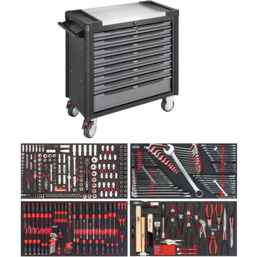 Εργαλειοφόρος, σειρά XL, 8 συρταριών με επιφάνεια εργασίας από ανοξείδωτο ατσάλι και 375 εργαλεία σε μαλακούς δίσκους τακτοποίησης HAZET-VIGOR
