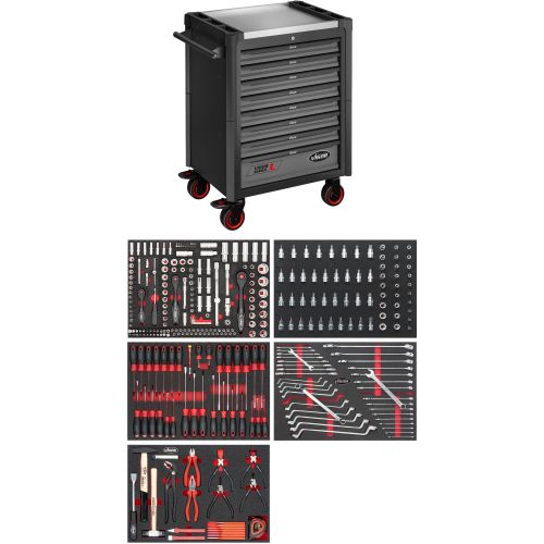 Εργαλειοφόρος, σειρά L, 8 συρταριών με επιφάνεια εργασίας από ανοξείδωτο ατσάλι και 344 εργαλεία σε μαλακούς δίσκους τακτοποίησης HAZET-VIGOR